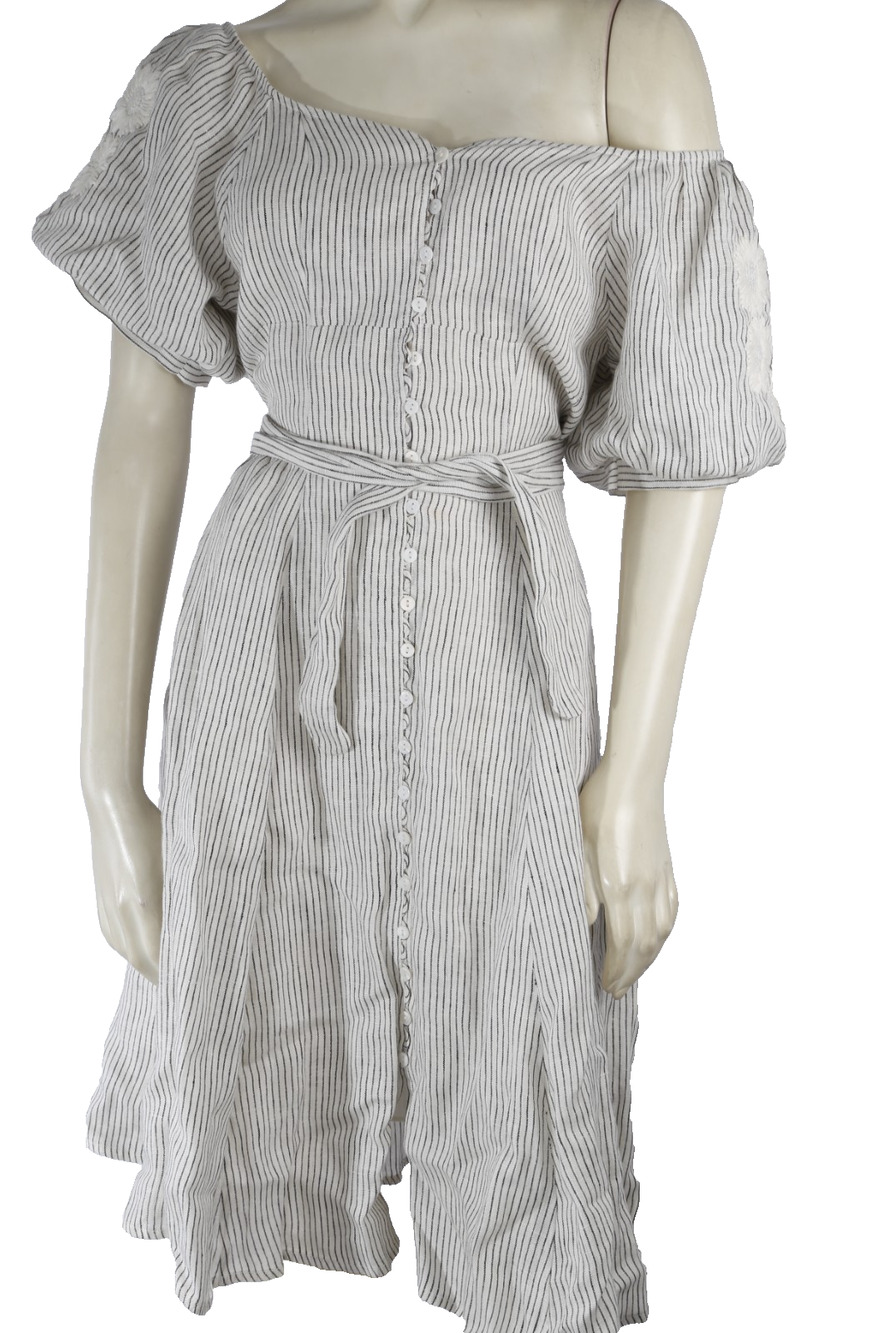Innika Choo White Striped Linen Off Shoulder Floral Embroidered Dress Size 1 S